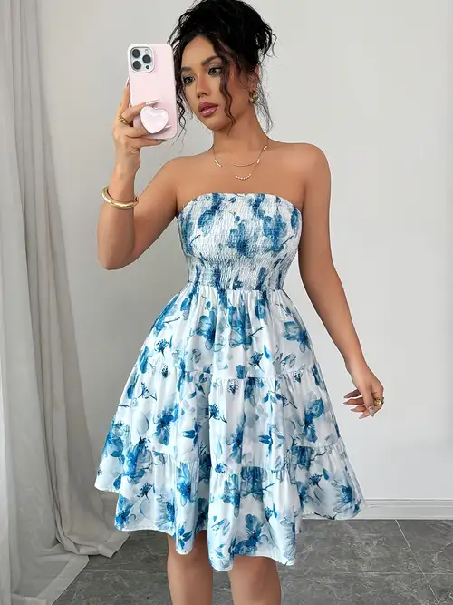elegant floral print shirred bandeau dress, 100% polyester jersey, bohemian strapless beach sundress, woven a-line dress for adults - women's clothing - Temu United Kingdom elegant floral print shirred bandeau dress, 100% polyester jersey, bohemian strapless beach sundress, woven a-line dress for adults - women's clothing - Temu United Kingdom