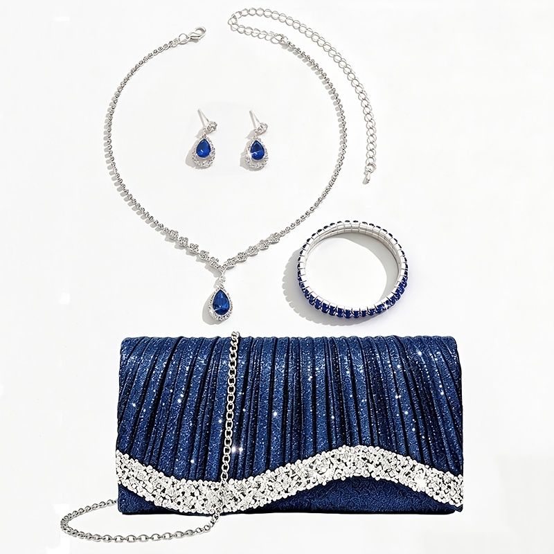 TEMU Women's Fashion Versatile Rhinestone Evening Bag Clutch Dress Bag Chain Bag Rhinestone Necklace Earrings Bracelet Banquet Jewelry 4pcs Set