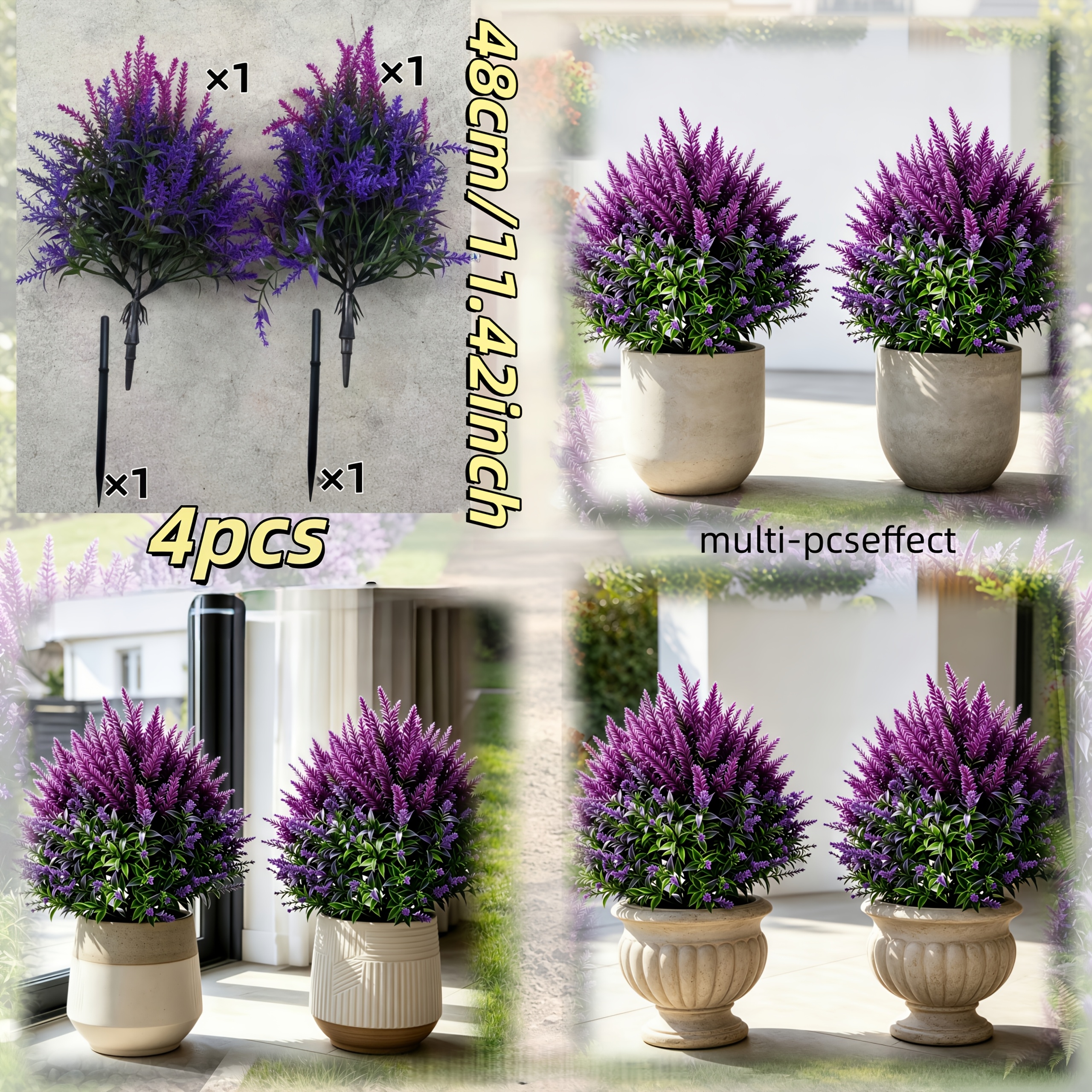 Image of 4pcs Purple Simulation Lavender Bouquet 2pcs And 2pcs Ground Stakes; This Simulation Lavender Green Plant Is And Suitable For Courtyards, Lawns, Garden , Outdoor Planters, , , Uv Resistant