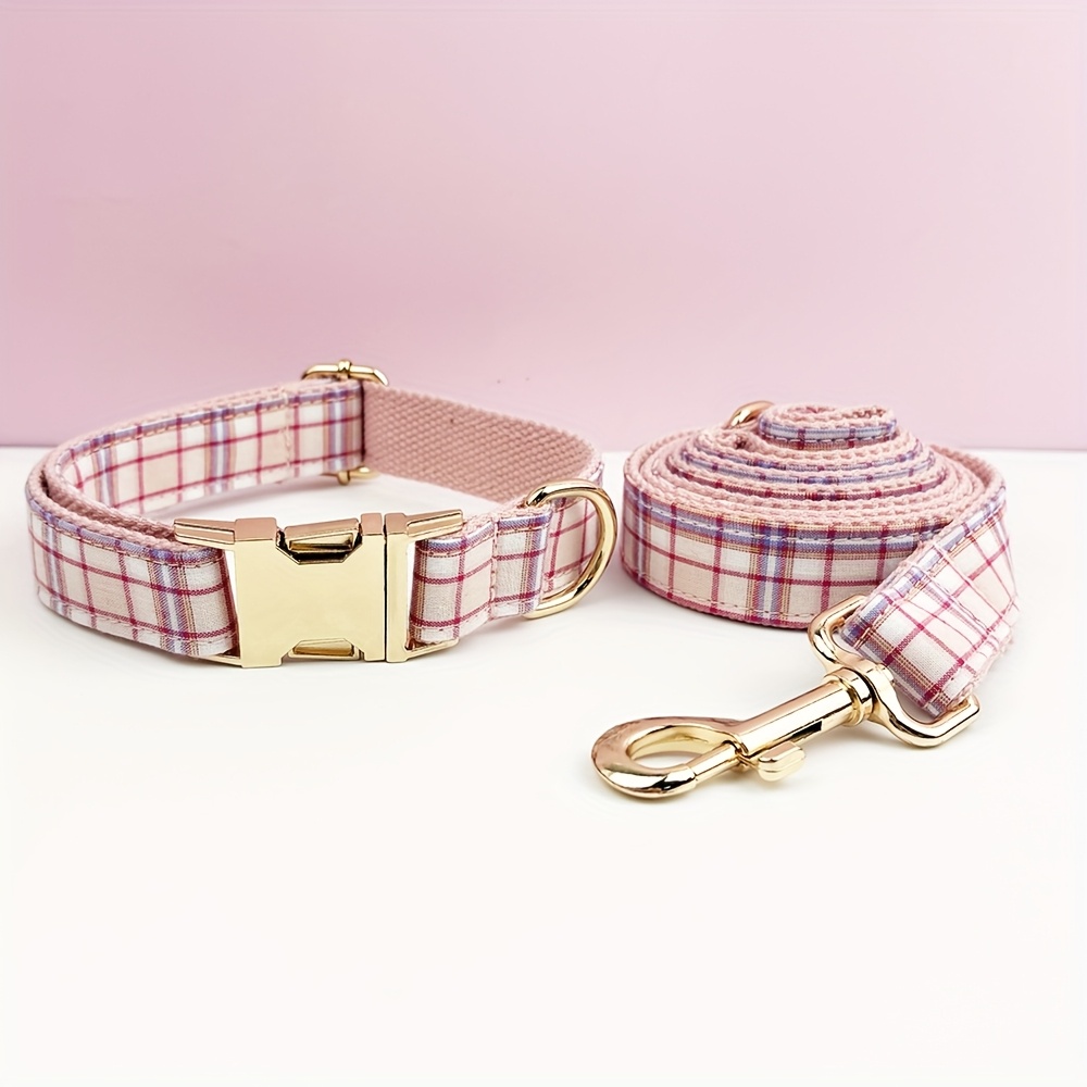 Personalized Plaid Dog Collar with Matching Leash, Custom Engraved
