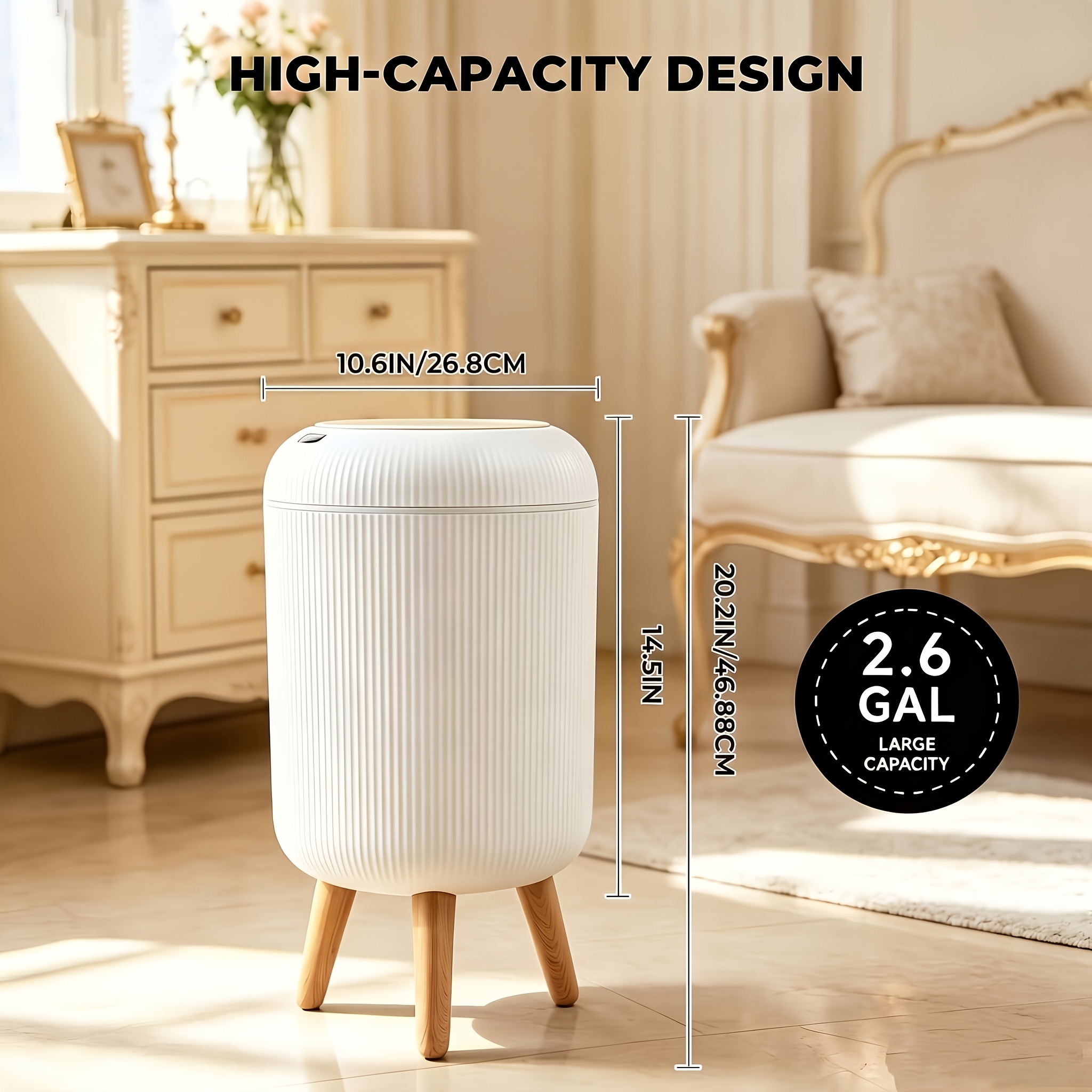 TEMU 2.6 Gal Touchless Sensor Trash Can, Vertical Ribbed Freestanding Waste Bin With Sealed Lid.modern Cream Minimalist Decorative Bin With Raised