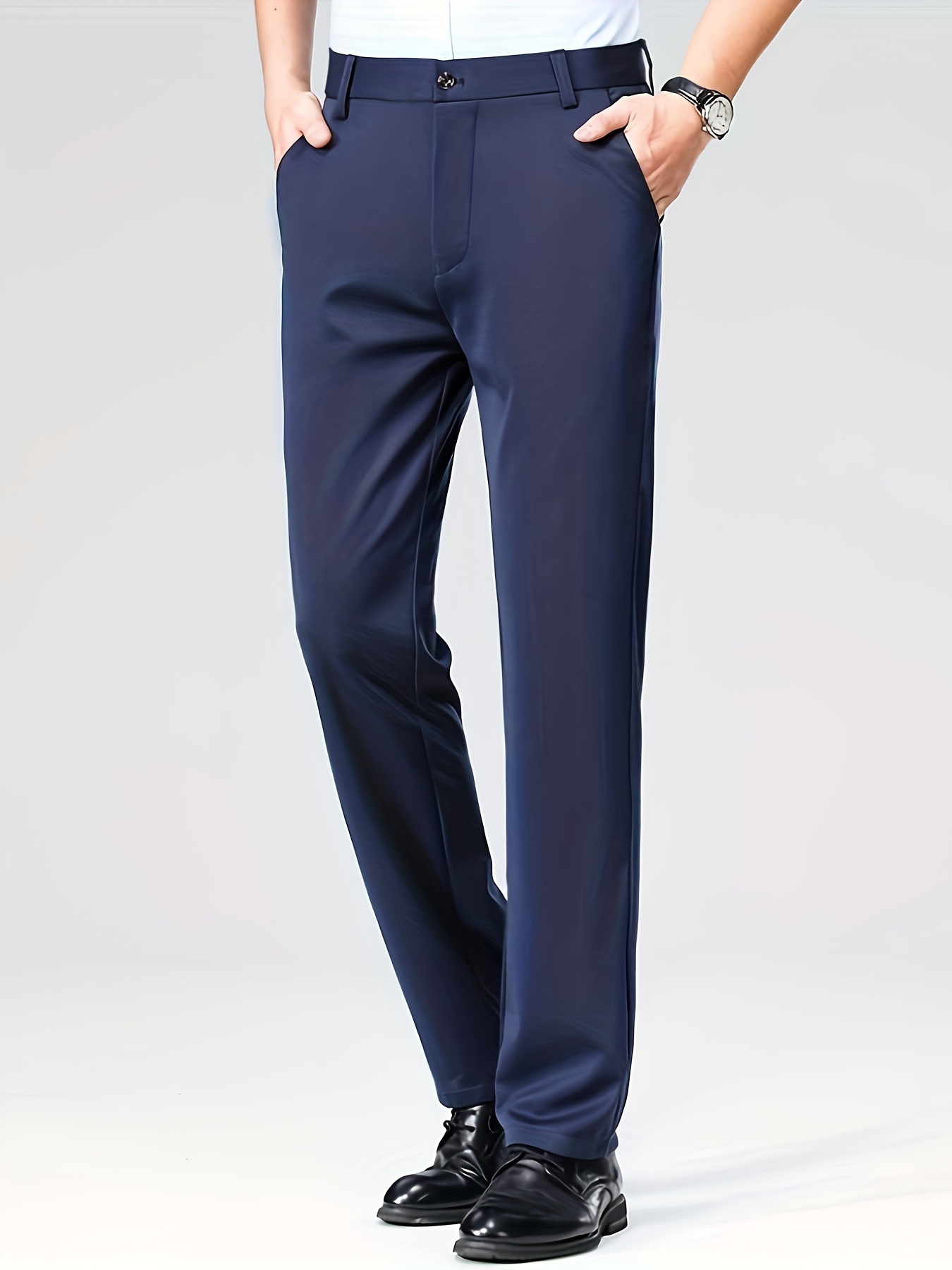 Men'S Relaxed Fit, Navy Blue Dress Pants - Stretchy Spandex Blend, Button-Fly, Mid-Rise, All-Season Workwear, Office Attire|Relaxed Fit Pants|Stylish Waistband