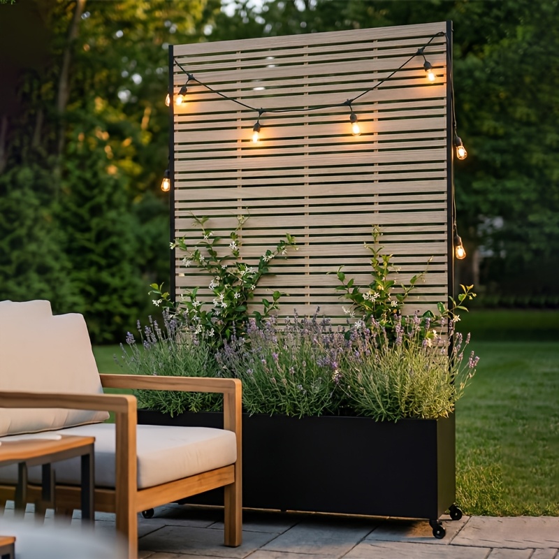 Privacy Fence with Planting Boxes Encrypted Metal Mesh Privacy Screen Black/Wood Grain Weather-Resistant Outdoor Fence Panels Ideal for Backyard Patios, Gardens, And Balconies Safety Barrier Protective Cover Create Outdoor Living Spaces And Decor