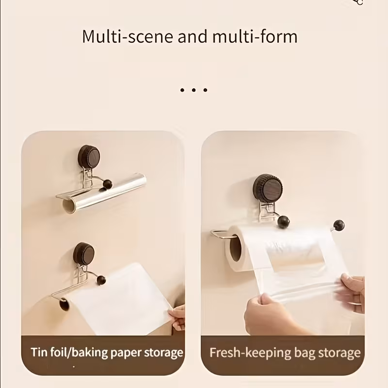 1pc suction cup wall mounted dish towel tissue holder heavy duty stainless plastic no drill rack space saving kitchen bathroom organizer for cling film napkins paper rolls white black Product details 0