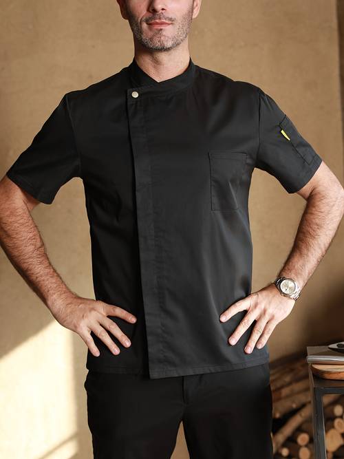kochjacke für herren mit brusttasche, 100 % baumwolle, elegant, einfarbig, kurzärmelig, rundhalsausschnitt, für die arbeit als küchen- und backkoch im restaurant