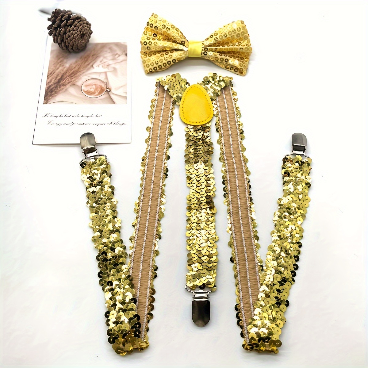 Image of A Set Of Men's Sequined Bow Tie And Suspenders, Stylish Additions For Parties And Weddings