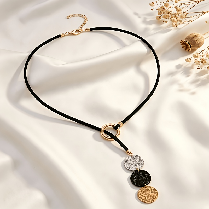 TEMU 1pc Black Elastic Cord With Golden Silvery Black Three- Pendant Necklace, Easy , Black Thin Cord Threading Golden Round Ring Hanging Threepcs
