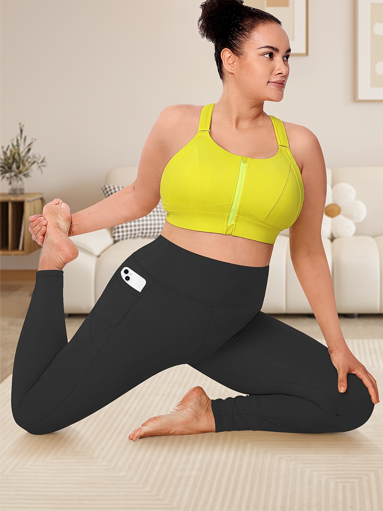 Women'S Plus Size High Waist Tummy Control Leggings with Side Pockets, 88% Polyester 12% Elastane, Knit Fabric, Stretchy Cropped Yoga Pants for Running & Fitness, All Season Solid Color Athletic Skinny Pants