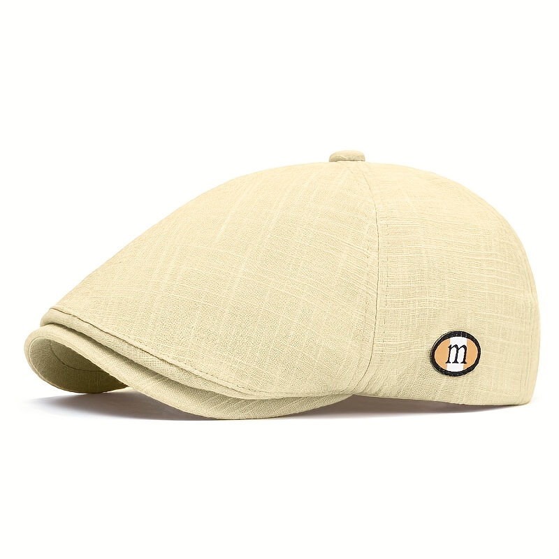 Image of Stylish Unisex Beret Cap With "m" Logo - Light Brown Casual Ivy Hat For , Warm & Trendy Artist Look, Perfect For Men And Women