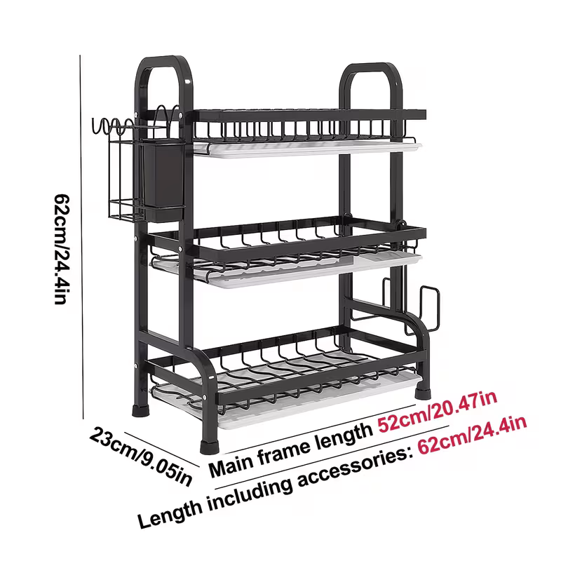3 tier dish drainer 52cm dish drying rack with removable drip tray with cutlery holder chopping board rack kitchen organizer and storage rust proof large metal kitchen plate drainer black details 0