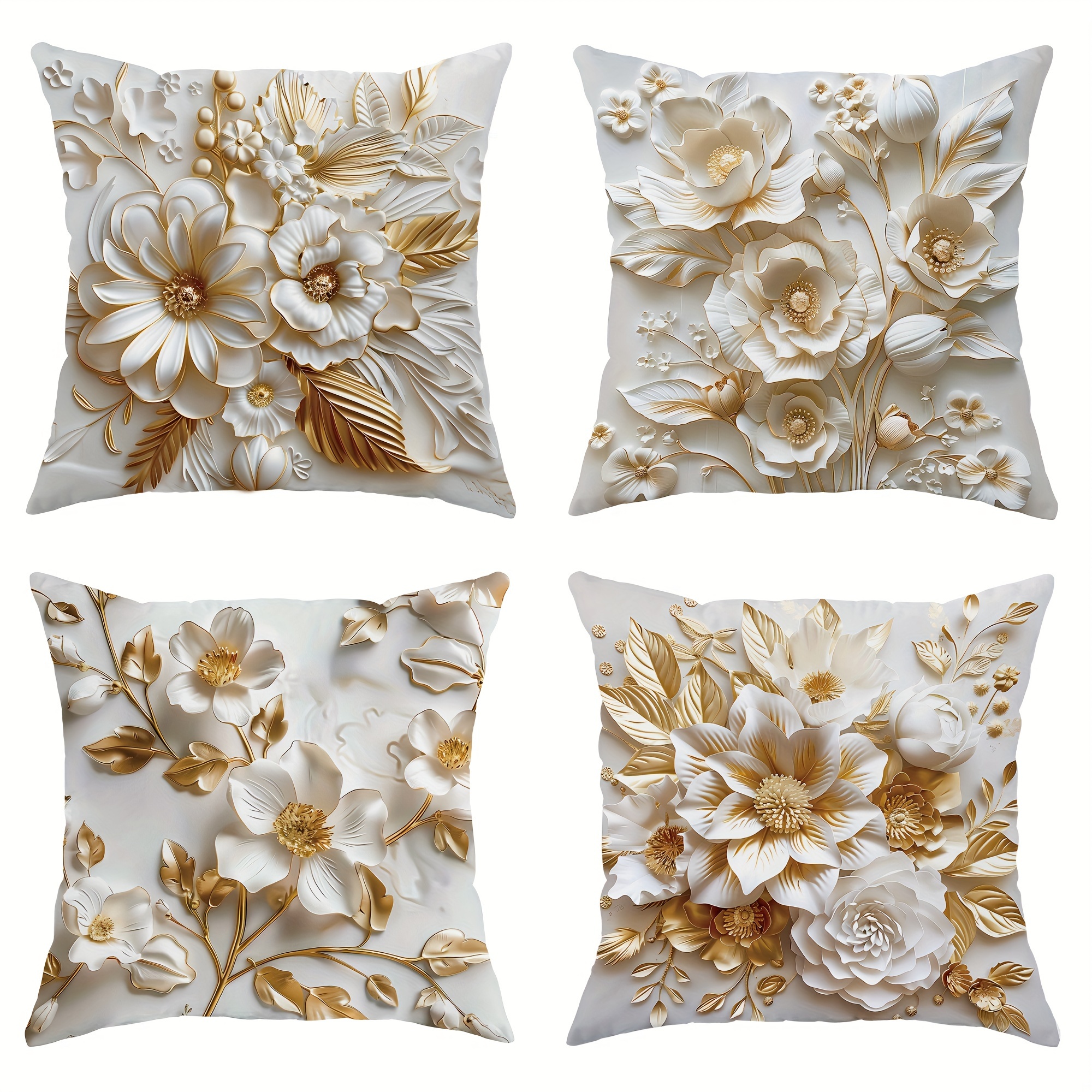 

4pcs, Velvet Throw Pillow Covers 3d Floral Gorgeous White Gilt Decorative Pillow Covers 18*18 Inch Suitable For Summer And Autumn Living Room Bedroom Sofa Bed Decoration