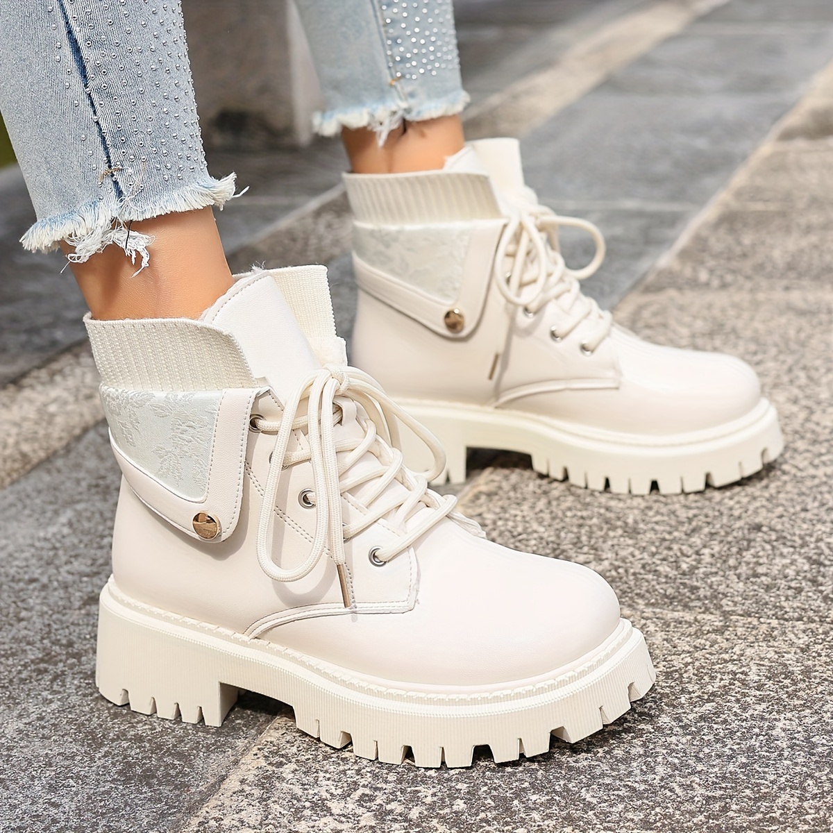 Image of Printed Motorcycle Boot Ankle Boots For Women, New Autumn/winter Style, Lace-up Short Boots, Versatile Chunky Heel Mid-calf Boots For Women, Platform Thick-soled Winter Boots, Women Shoes