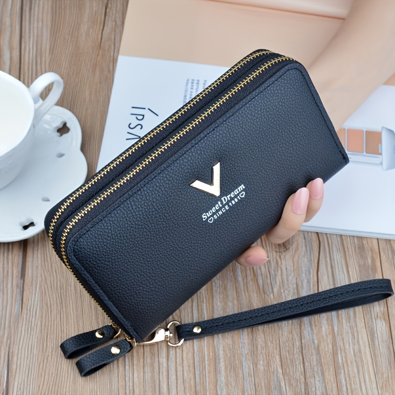 

[elegant Design] Elegant Women' Wallet - Dual Zipper Closure, Multi-card Slots, Large Capacity, Stylish Coin Purse In Black With Golden Accents - Leather