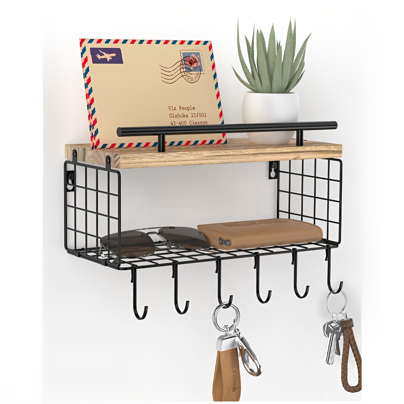Image of Key Holder Wall Mount - Decorative Key Rack And Mail Organizer With 6 Key Hooks - Wooden Key Hanger With Shelf For Living Room Decor - Rustic Farmhouse Home Entryway Aesthetic Essentials