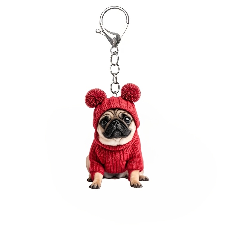 

1pc Pug Dog Acrylic Keychain - Fashionable Animal Charm With Red Sweater And Hat Design, Ideal For Bag & Car Key Decoration, Valentine's Day Gift, Cartoon Theme, Single Piece