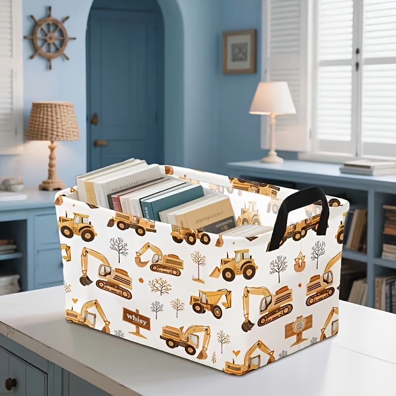 TEMU 1pc, Dokriy, Construction Vehicle Print Foldable Storage Bin With Handle, Large Capacity Home Organizer For Clothes, Sundries, Books, Shelf