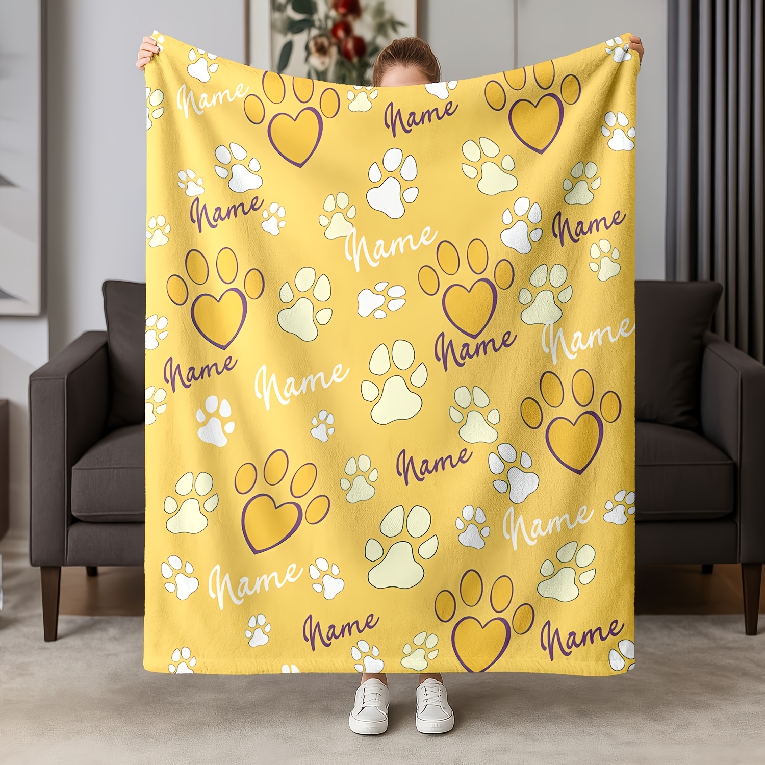 Personalized Pet Blanket with Custom Name, Paw Print Pattern