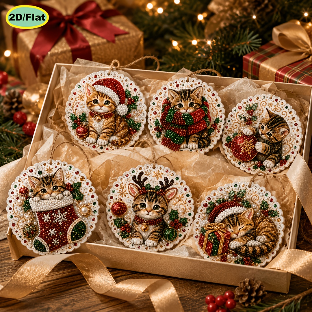 TEMU 6-pack Diy 5d Pearl Diamond Painting Wooden Hang Tag Pendant, 2d Flat Christmas Cat Pattern, 3.07 × 3.07 Inches, Christmas Tree Pendant, Window