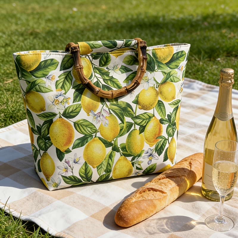 E-shop Tragetasche für Damen mit Zitronen-Sommerdruck Griff aus Bambus-Imitat, Damenhandtasche mit großem Fassungsvermögen, Schultertasche mit frischem