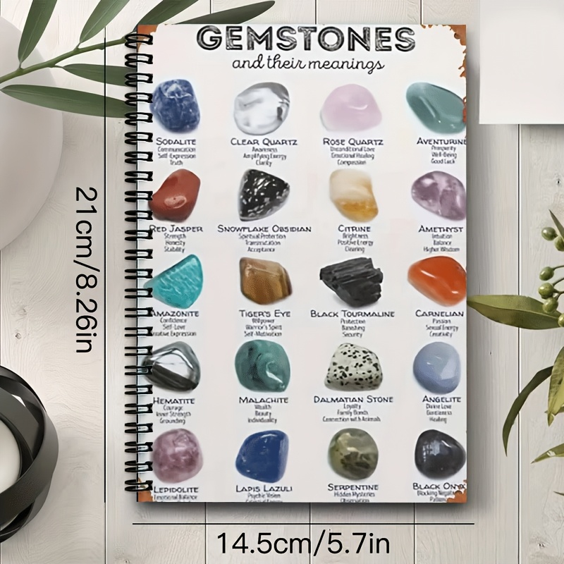 TEMU Gemstones And Their Meanings Illustration A5 Spiral Notebook, Black Spiral, Size 21×14.5cm, 24-hole Spiral Binding, 50 Sheets 100 Pages, Office