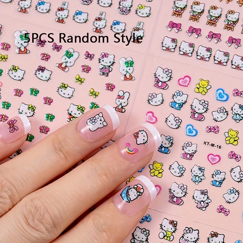 5 Sheets Hello Nail Stickers, Kitty Cat 3d Nail Decals Stickers Cartoon Cute Nail Stickers Nail Art Decorations For Women & (5pcs Random Style)