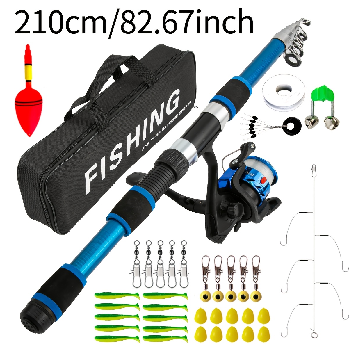 TEMU Ensemble de canne à pêche télescopique portable multicolore /2.1M, moulinet spinning et accessoires complets et sac de transport inclus, parfait