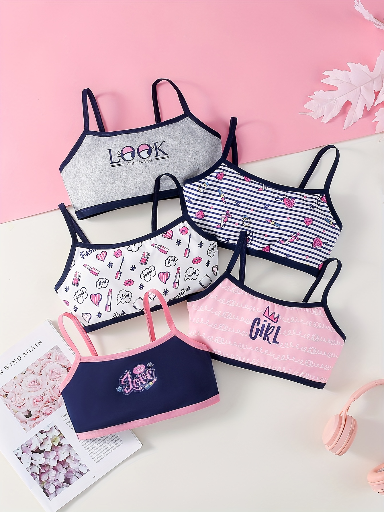5pcs girls seamless bras multi color cartoon striped designs polyester elastane blend breathable non transparent adjustable straps machine washable   fit for daily wear