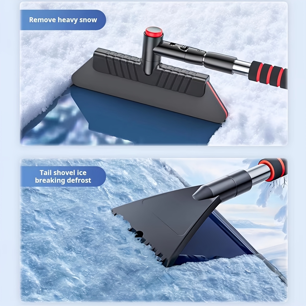 

2-in-1 Auto Glass & Ice Scraper - Retractable Foam Head, Wide Deicing Shovel For Windshield Protection, Rotating Tool