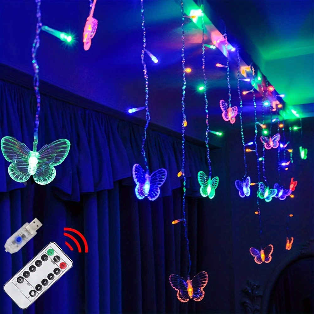 

1pcs Butterfly Led String Light, 96 Leds Curtain Light, 21.3ft/255.9inch 8 Modes Usb Charger Twinkle String Lights With Remote, Copper Wire Lights For Room Christmas Wedding Party Patio Decoration