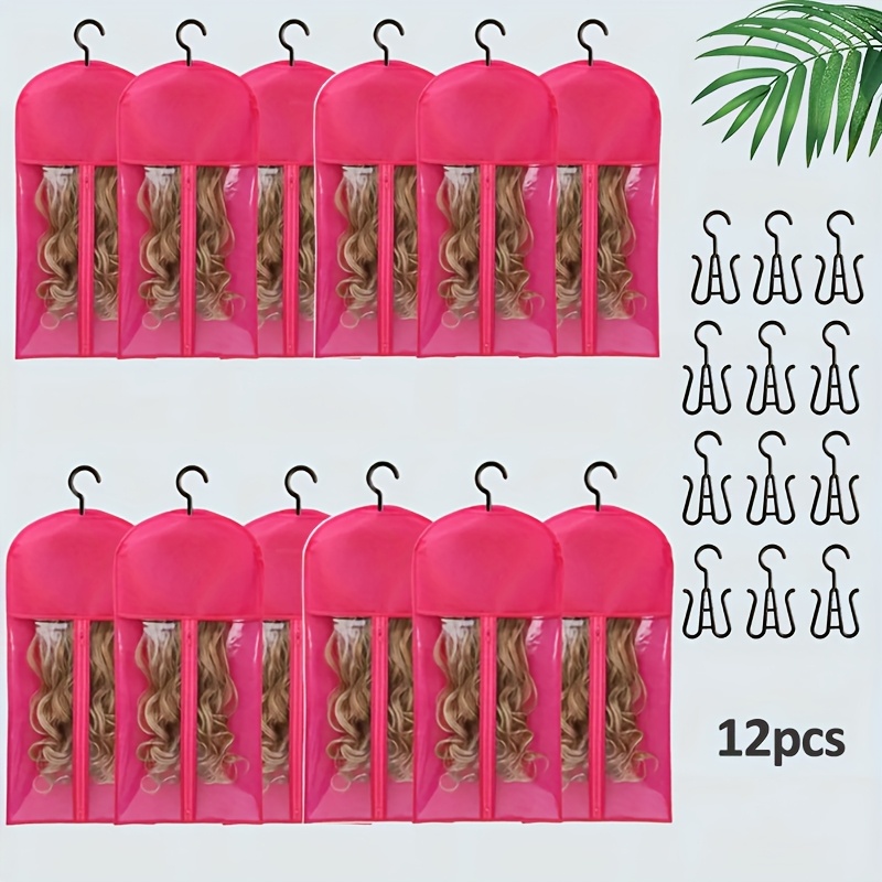 TEMU 12pcs Of Rose Red Neutral Adult Wig Storage Bag, Transparent Front, Folding Design, With Hooks, Used For Hair Extension, Wigs And Accessories - A Durable Protector For Multiple Wigs