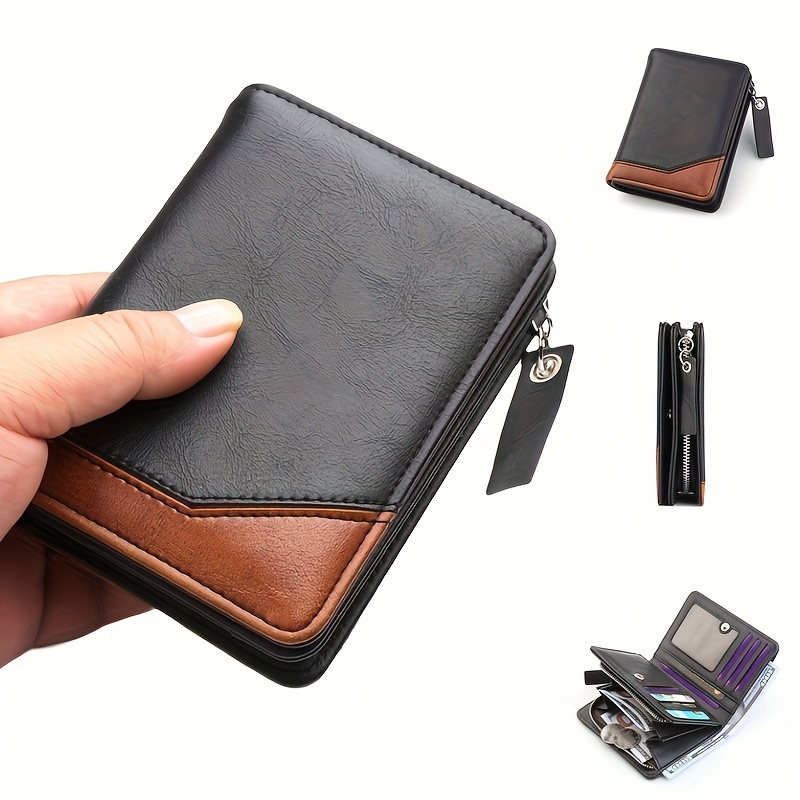 

Vintage-style Men's Leather Wallet With Zipper Coin Pocket - Spacious & Card Holder, Black, Short , Big Capacity