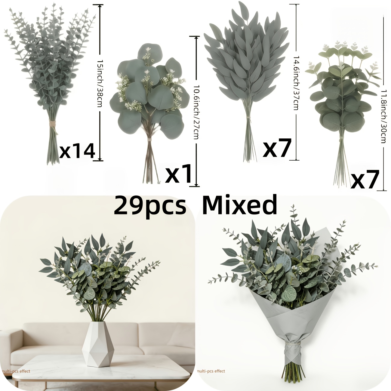 TEMU 29 pièces Branches artificielles mélangées de feuilles d'eucalyptus - Convient pour une intérieure et extérieure - Également pour décorations de
