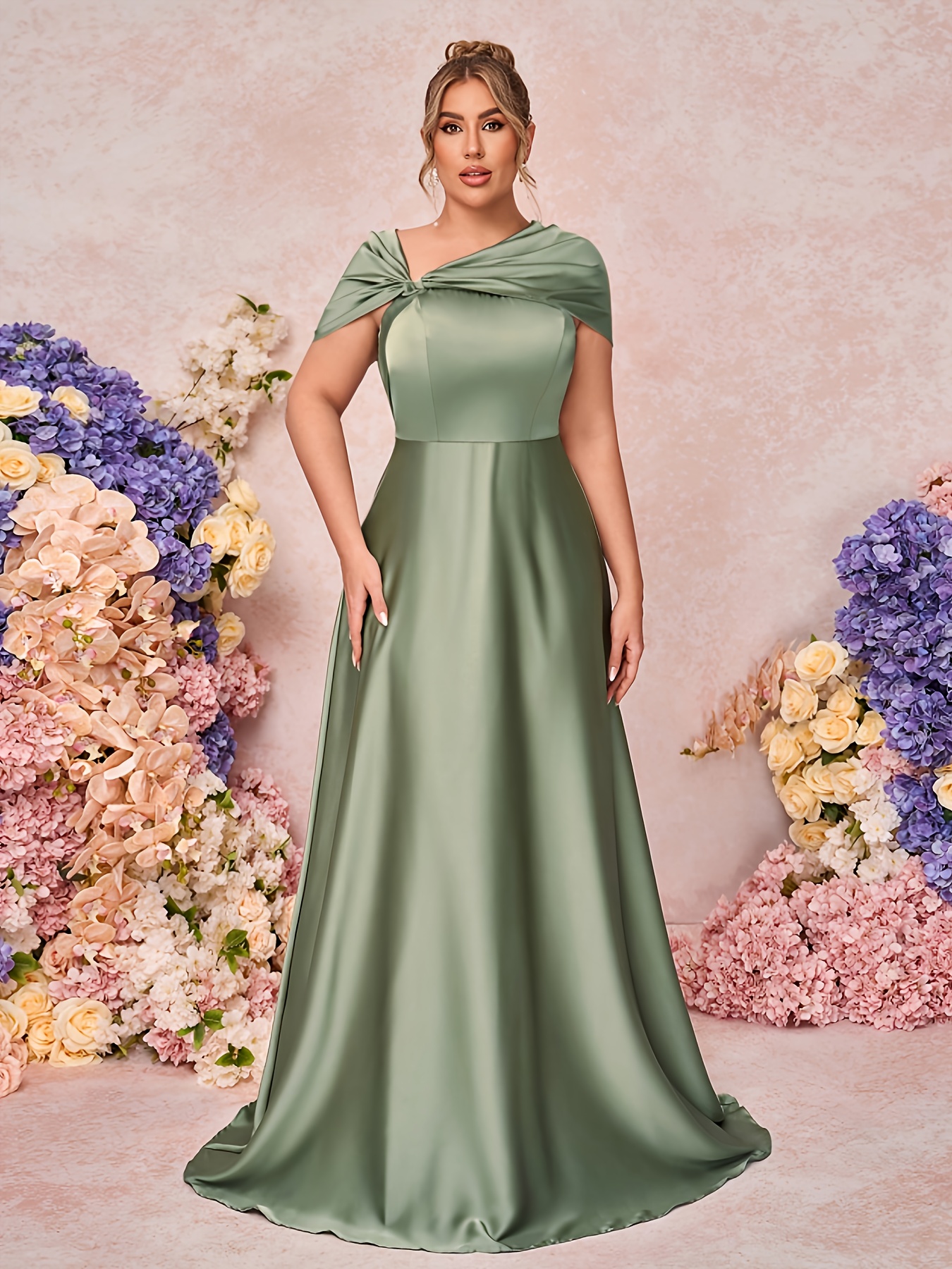 Plus Size, Plus Size Satin Bridesmaid Dress with Asymmetrical Twist and  Off-Shoulder Design, Elegant A-Line Wedding Gown for Formal Events,  Romantic Evening Party Floor-Length Long Dress