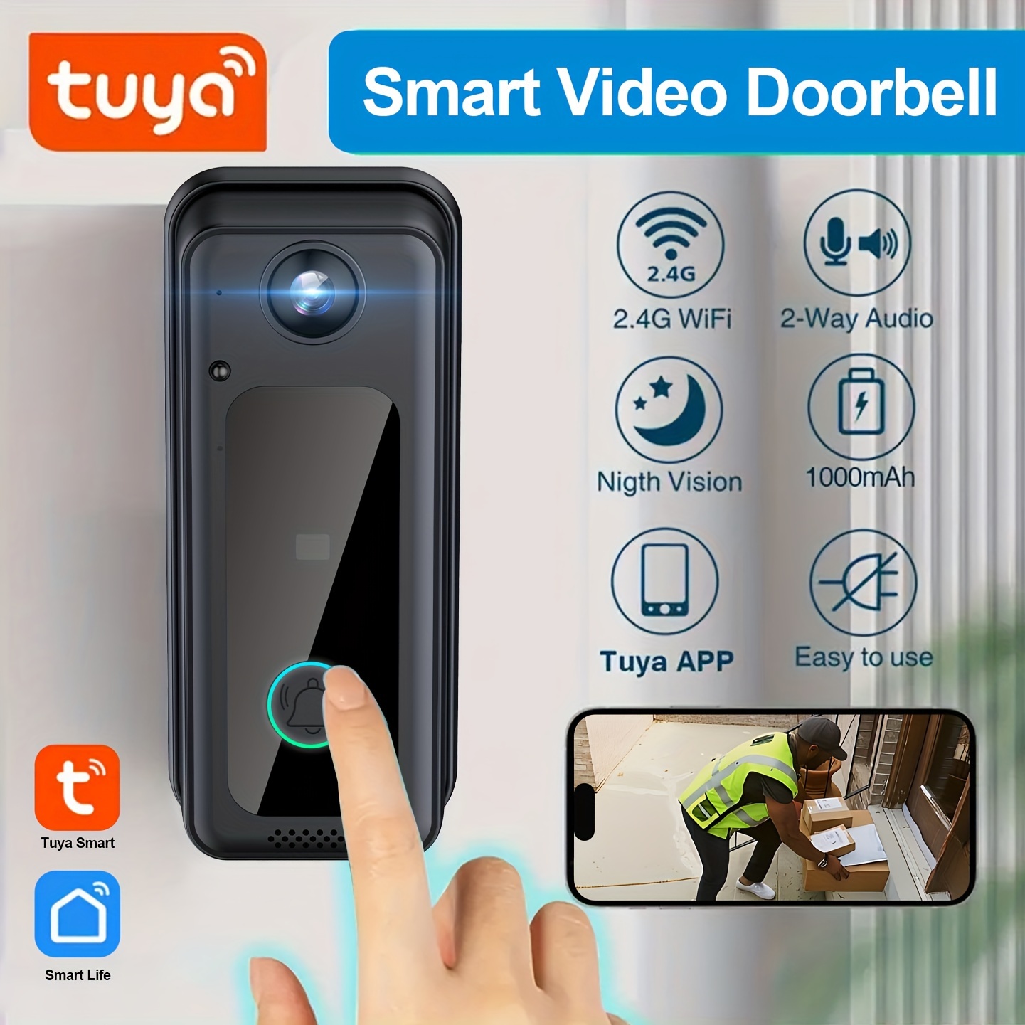 

Smart Wifi Video Doorbell With Built-in Battery - Wireless Security Video , 2-way Audio, Night Vision, Usb Rechargeable, Low Power , Supports 2.4g Wifi Security Camera Len 130° View Angle