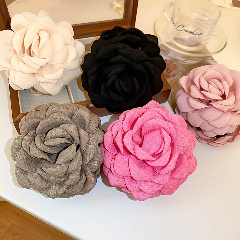 

Elegant Large Fabric Flower Hair Claw - Sweet & Solid Color Floral Clip In , Black, Pink, And Brown For Stylish Updos, Flower Hair Accessories