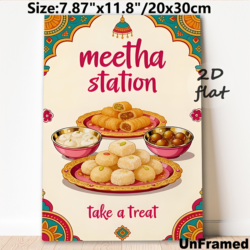 TEMU 2d Flat, 1pc Indian Sweets Poster Suitable For Dessert Station Decor, Traditional Indian Dessert Art With Meetha Station, Unframed Canvas