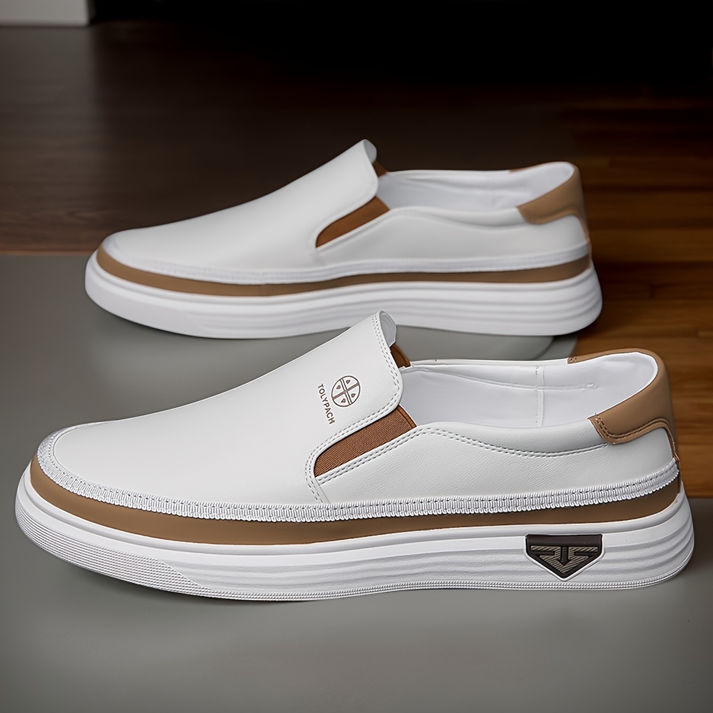 Men's Casual Slip-On Loafers - Soft Leather Upper, Comfortable & Durable, Non-Slip Rubber Sole, White with Brown Accents, Full Size Range for Casual Attire, Street Style, and Commuting, Commuting Loafers | Minimalist Loafers | Durable Construction