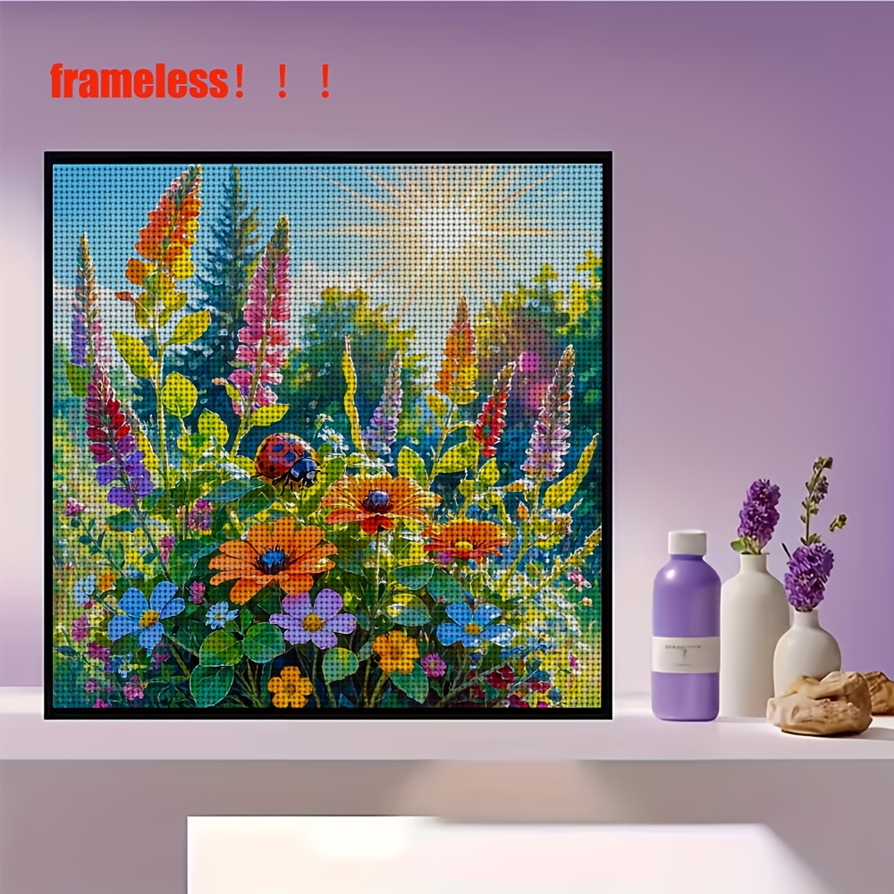 New Frameless Cross-stitch Printed Kit, "Ladybug in a Flower Bush with Sunshine"