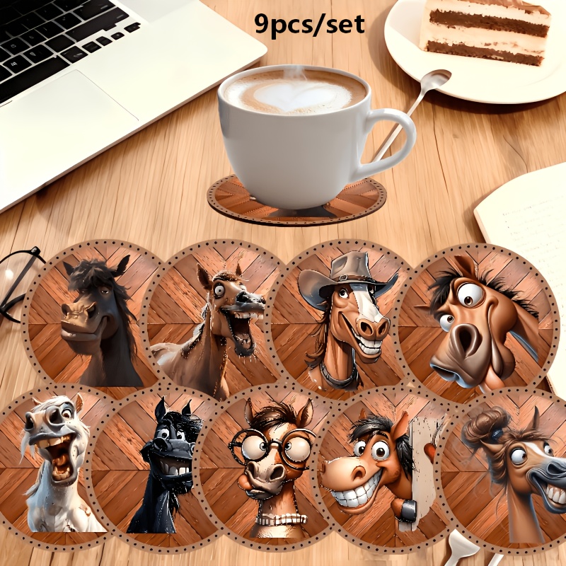 TEMU 9pcs Wood Coasters Suitable For Hot/cold Drinks - Horse-themed Non-slip Cup Holders With Wood Grain & Horse Patterns, Table Protectors For Mugs,