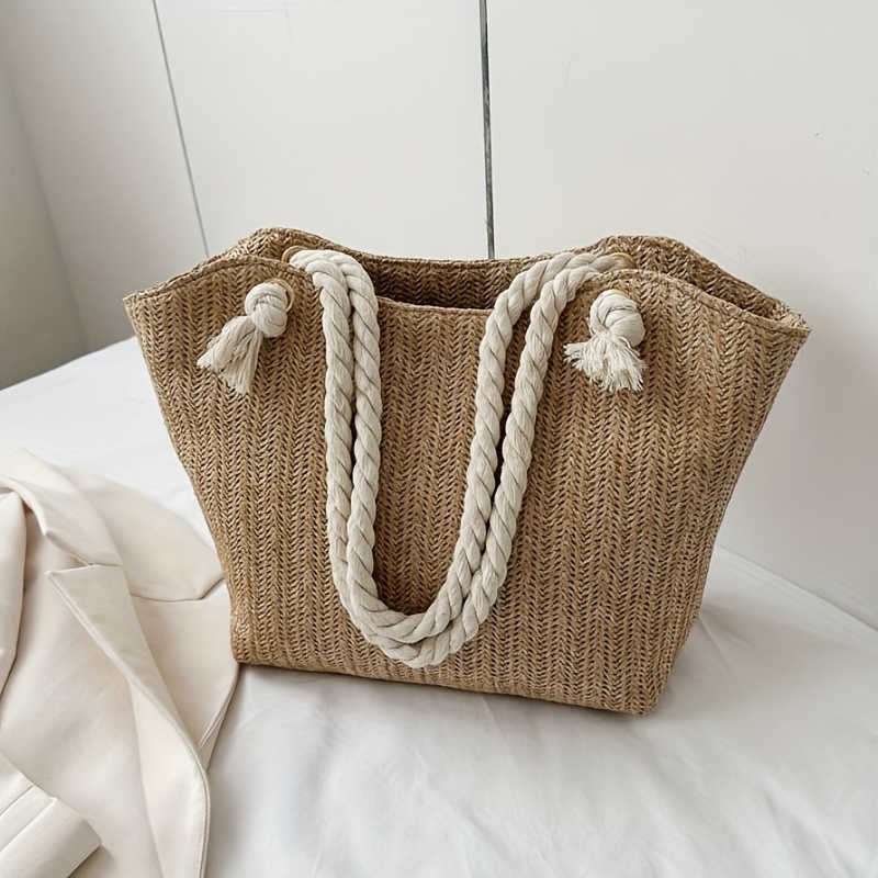 

Straw Woven Tote Bag, Large Capacity Shoulder Bag, Women's Casual Handbag For Beach Travel Vacation