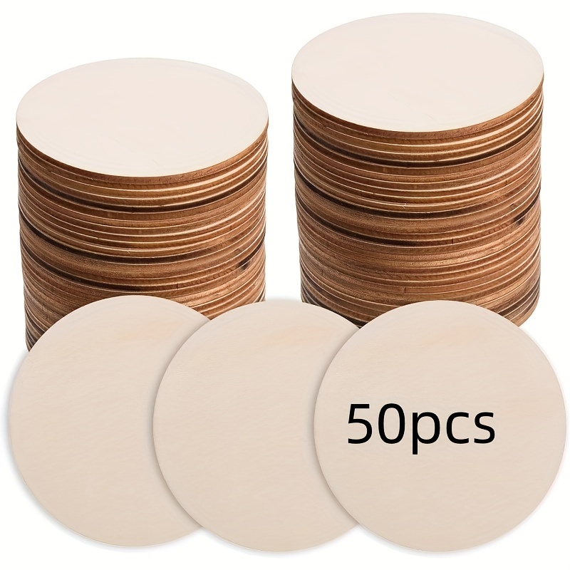 Image of 50 Pack 4 Inch Natural Wood Slices - Unfinished Plywood Round Discs With Wood Grain & Knots For Diy Crafts, Painting, Carving, Coasters, Home Decor - Blank Unfinished Wooden Circles