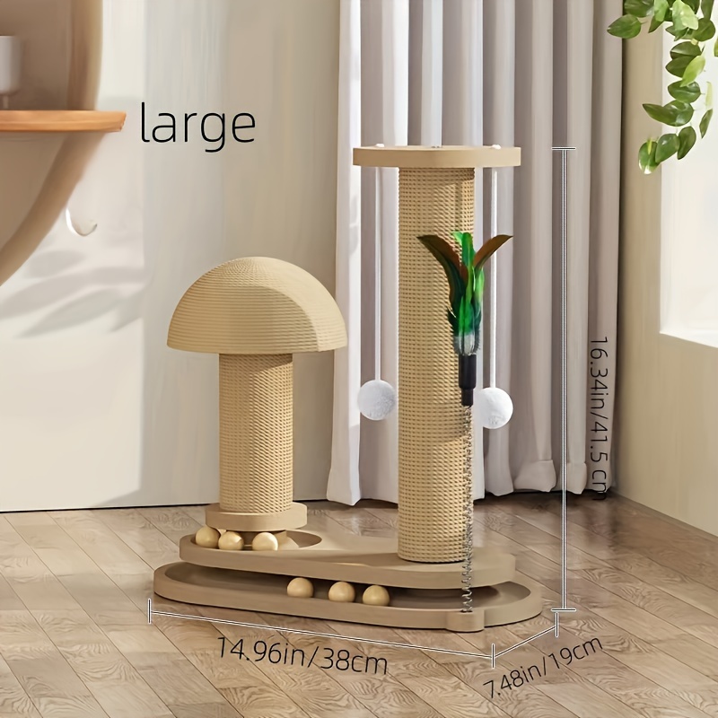 

Solid Wood Cat Scratching Post With Turntable & Teaser Wand - Sisal Rope Climbing Tower For Cats