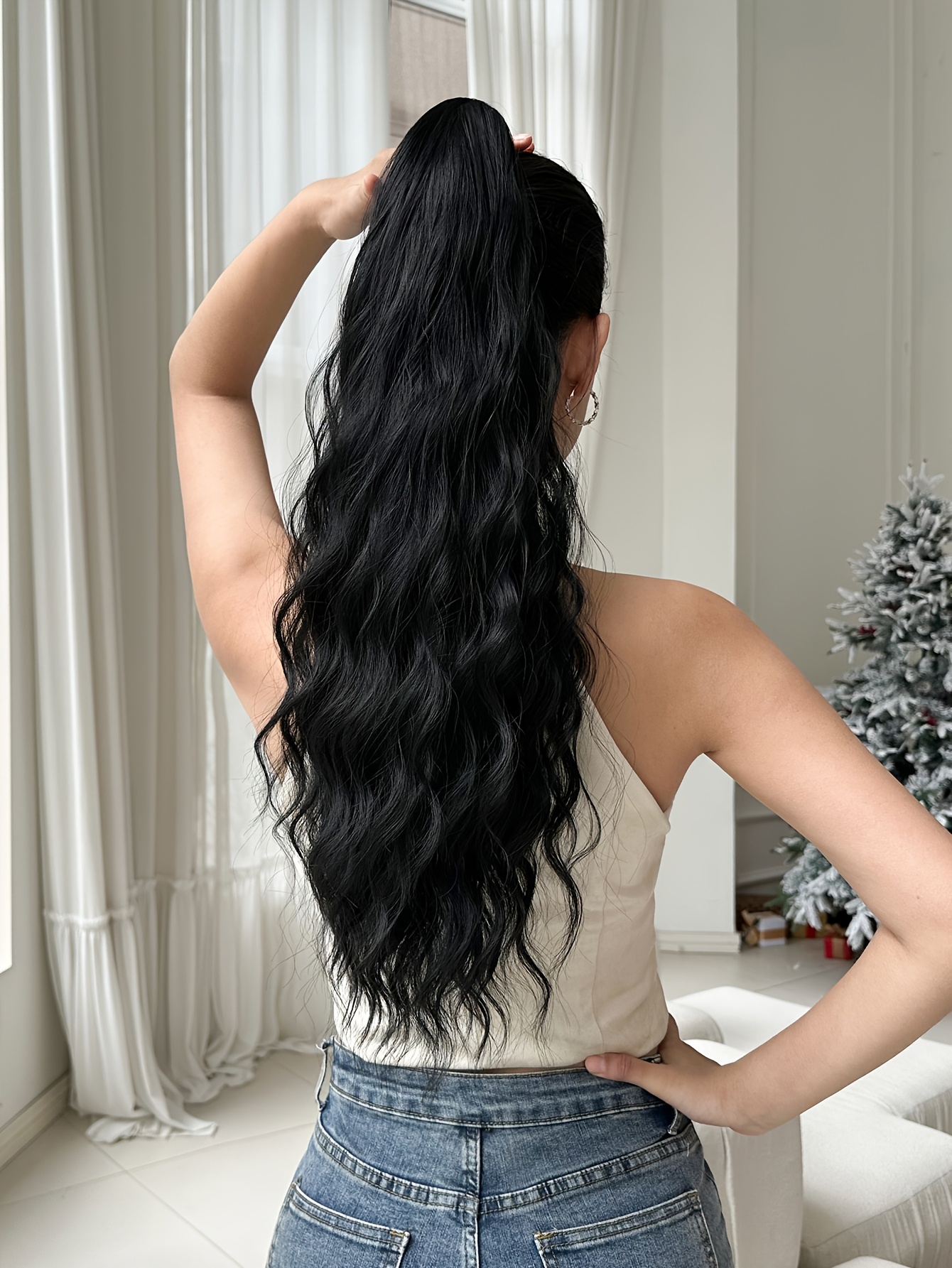 dark   claw shaped ponytail extension light brown 24 inch water wave heat resistant fiber synthetic ponytail wig suitable for short hair accessories for womens daily use details 4
