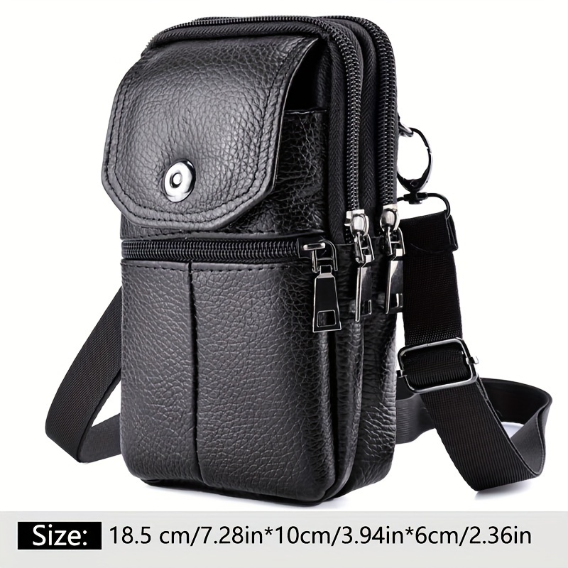TEMU 1pc Genuine Leather Cowhide Men's Waist Bag, Multi-functional Zippered Phone Pouch With Adjustable Strap And Spacious Compartments For Work & Daily Use, Top Layer Leather Fanny Pack