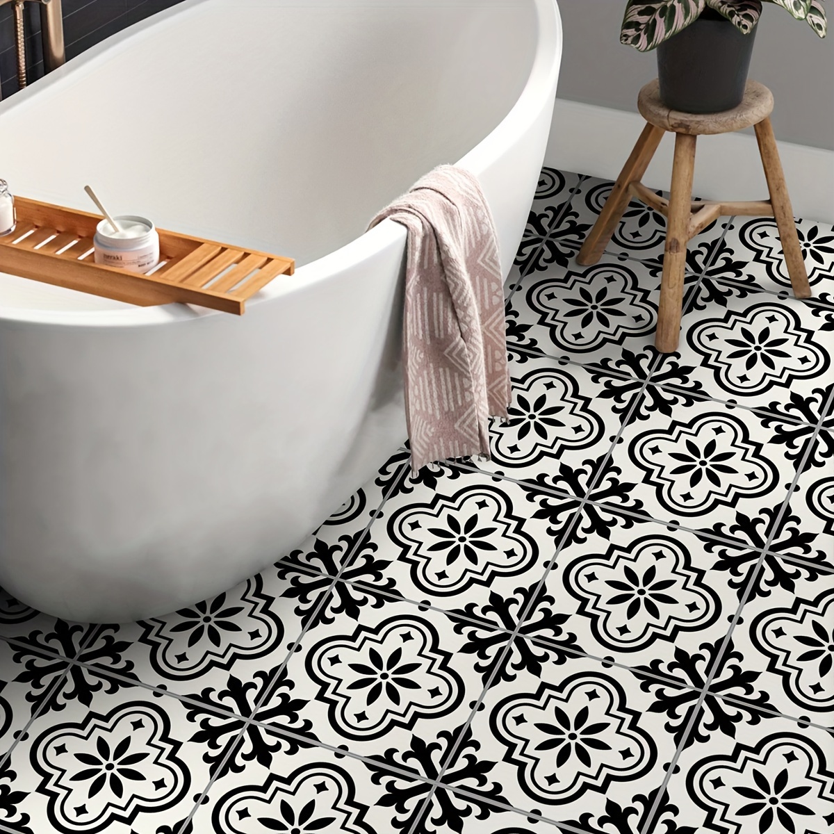 

12pcs Moroccan Style Black And White Mixed Color Floor Stickers, Waterproof Non-slip Home Decoration, Self-adhesive Tile Stickers, Kitchen Toilet Wear-resistant Flower Tile Stickers