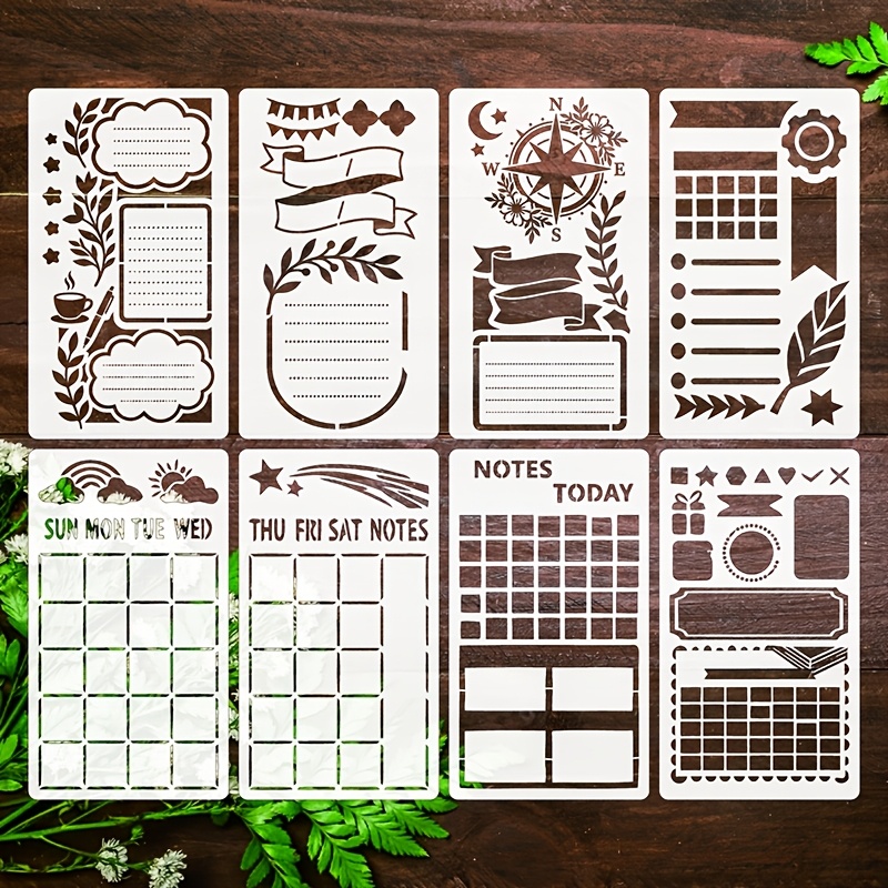 Temu – TEMU 8pcs Set Of 4×7 Inch Journal Templates, Reusable Plastic Stencils, Including Weekly/monthly Calendars, Habit Trackers, Compasses, Borders, And