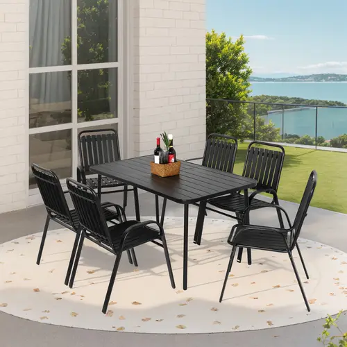 7pcs patio dining set plastic chair and steel table outdoor set plastic chairs and table set for garden patio black