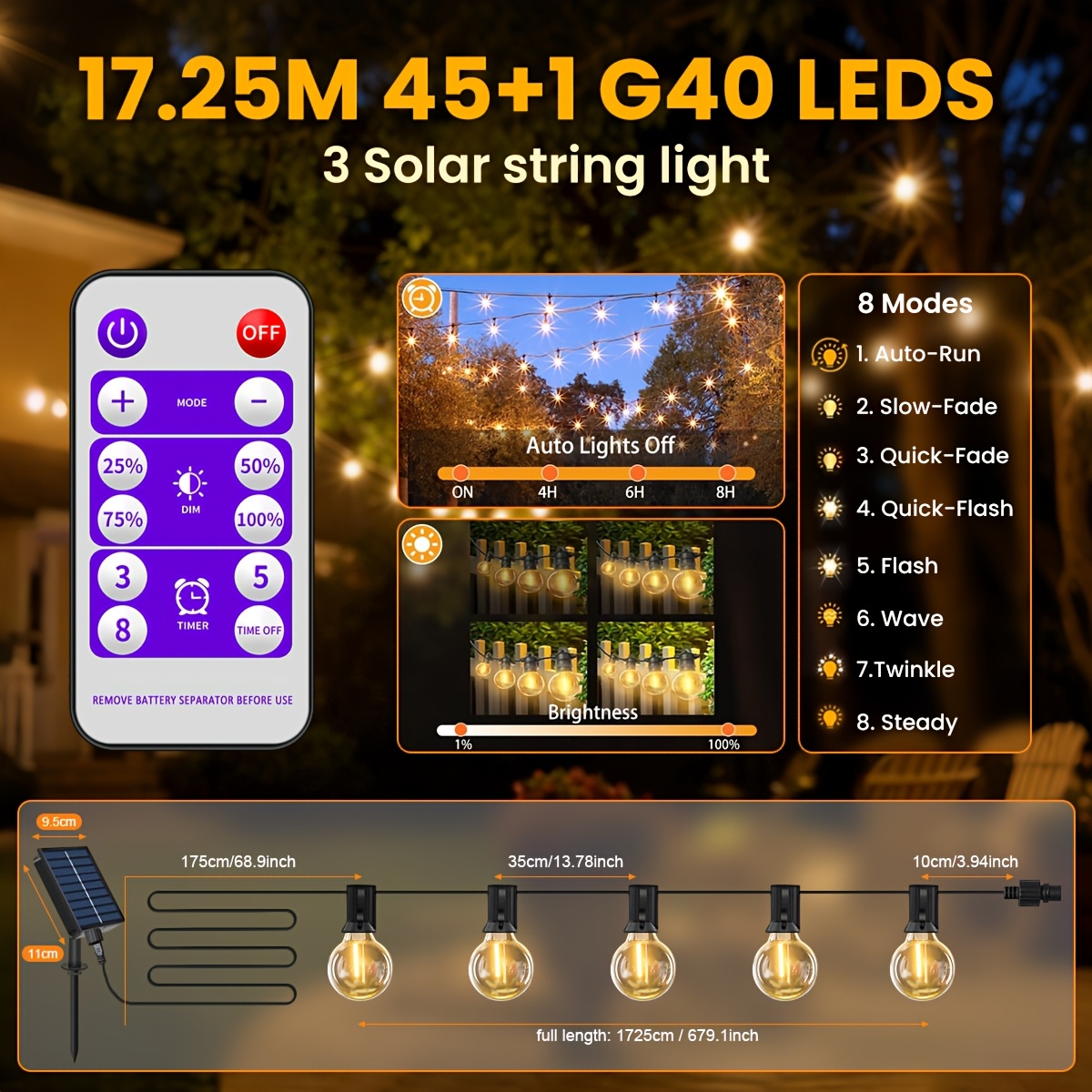 Solar Fairy Lights Led With G40 Leds Ip65, 10/20/25/40/45 Les G40 Led Outdoor Solar Fairy Lights 8 , Dimmable, Time Seting, Warm White For Balcony Garden Gazebo Patio Wedding
