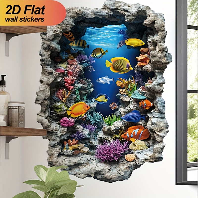 Image of 2d Flat Underwater Fish Swimming On Stone Wall Sticker, Self-adhesive Removable Pvc Wall Decal For Bedroom, Living Room, Kitchen, And Dining Room Decor, 2d Flat