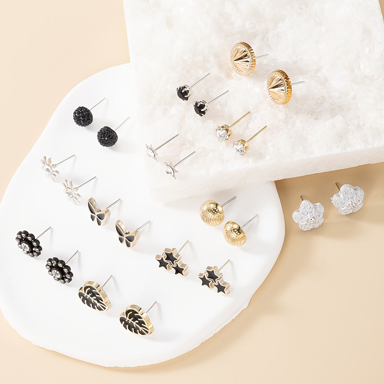 12 Pairs Large Pack Plated Flower & Small Hoop Earrings
